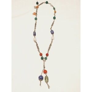 Vintage Sterling Silver Modernist Brutalist Beaded Stone Abstract Necklace 24in